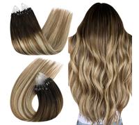 Ugeat Micro Loop Hair Extensions Real Human Hair Long Length 22 Inch Dark Brown Human Hair Extensions Micro Ring Brown to Light Blonde Ombre 50G/50S #4/6/613