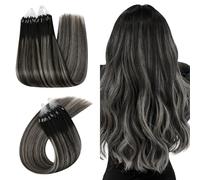 Ugeat Micro Loop Hair Extensions Real Human Hair, Ombre Black Micro Ring Hair Extension, Ombre Black with Silver Grey Balayage, Micro Bead Hair Extension, 22 Inch 50G 50S