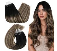Ugeat Micro Ring Hair Extensions for Long 22 Inch Human Hair Micro Loop Extensions Natural Black to Dark Brown Mix Caramel Brown Ombre 50G/50S #1B/4/27