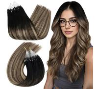 Ugeat Micro Ring Hair Extensions for Long 22 Inch Human Hair Micro Loop Extensions Natural Black to Dark Brown Mix Caramel Brown Ombre 50G/50S #1B/4/27