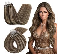 Ugeat Micro Ring Hair Extensions Highlight Human Hair Micro Loop Extensions 14 Inch Dark Brown Highlight Caramel Brown Hair Extensions Micro Loop 50G/50S #4/27