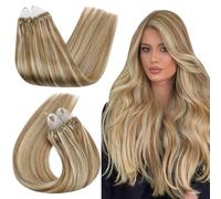 Ugeat Micro Ring Hair Extensions Real Human Hair 22 Inch Golden Brown Micro Loop Human Hair Extensions Microbeads Real Human Hair Highlights Blonde 50G/50S #10/613