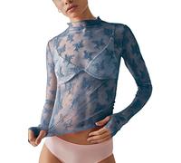 Ugerlov Women's Long Sleeve Mesh Top Mock Neck Sheer Blouse See Through Floral Lace Tops, Blue, L