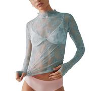 Ugerlov Women's Long Sleeve Mesh Top Mock Neck Sheer Blouse See Through Floral Lace Tops, Light Blue, L