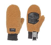 UGG Women's UGGFluff Logo Tape Mittens - Soft Polyester Body, Leather Palm Patch, Chestnut, S/M