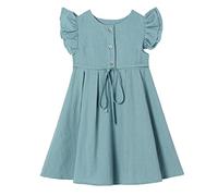 Ugitopi Little Girl's Flutter Sleeve Cotton-Linen Dress Toddler Kids Double Ruffles Casual Dresses Dusty Blue 110