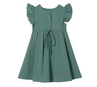 Ugitopi Little Girl's Flutter Sleeve Cotton-Linen Dress Toddler Kids Double Ruffles Casual Dresses Turquoise 90