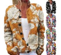Ugly Button Down Cardigans for Women | Women's Plus Size Ribbed Cuffs Knit Cropped Cardigan Ladies Long Sleeve Crew Neck Sweaters Art Floral Print Autumn Winter Lightweight Jackets (Yellow, XXXXXL)