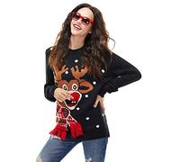 Ugly Christmas Jumper for Men, Funny Chunky Pullover with Santa Reindeer,Unisex Festive Knitted Long Sleeve Xmas Sweater