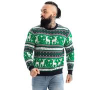 Ugly Christmas Jumper, Unisex Funny Chunky Fair Isle Knitted Festive Pullover for Party Reindeer on Repeat Green S