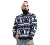 Ugly Christmas Jumper, Unisex Funny Chunky Fair Isle Knitted Festive Pullover for Party Reindeer on Repeat Blue S