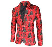 Ugly Christmas Suits for Men - One Button Santa Print Slim Fit Xmas Fun Suit Red