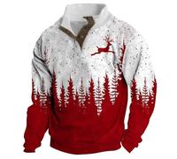 Ugly Christmas Sweater for Men Corduroy Long Sleeve Stand Collar 1/4 Button Up Thermal Sweatshirt Oversized Funny Party Xmas Graphic Pullover Tops Red