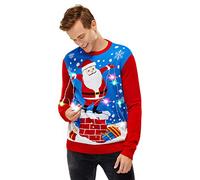 Ugly Christmas Sweater Funny LED Light-up Xmas Sweater Top for Women Long Sleeve Chunky Xmas Jumpers with Santa on a Chimney, Santa Holding the Led Lights, XL