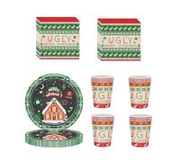Ugly Christmas Sweater Party Tableware Set Decor,20 Paper Napkins 16 Paper Cups 16 Paper Plates,Disposable Paper Dinnerware Christmas Decorations for Him,Her,Adults,Kids Xmas Party Favor Tableware