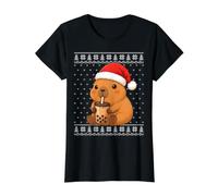 Ugly Christmas Sweaters Cute Capybara Bubble Tea Boba Xmas Value Graphic T-Shirt, Women, Black, S