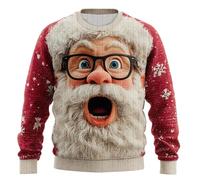 Ugly Knitted Christmas Sweatshirt, Funny Christmas Jumper Gift for Men Long Sleeve Cute Santa With Glasses Print Xmas Sweatshirt Soft Cozy Kawaii Sweater