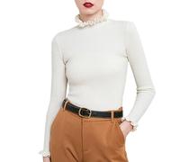 Ugly Printed Christmas Sweaters for Women Women's New Lace Cuff Base Sweater Thickened Knit Solid Color Casual Sweater for Outdoor Xmas Gifts (White, XXL)