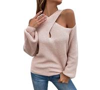 Ugly Printed Christmas Sweaters for Women Women's Sweater 2023 Autumn Solid Color Off Shoulder Halter Neck Balloon Sleeve Knitted Sweater for Women for Outdoor Xmas Gifts (Pink, L)