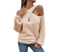 Ugly Printed Christmas Sweaters for Women Women's Sweater 2023 Autumn Solid Color Off Shoulder Halter Neck Balloon Sleeve Knitted Sweater for Women for Outdoor Xmas Gifts (Khaki, XL)
