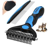 UGNEL 3PCS Pet Grooming Rake & Metal Comb & Bath Brush for Dogs and Cats, Double-Sided Dematting Tool, Extra-Wide Deshedding Dog Brush for Long Hair to Effectively Remove Tangles, Knots and Mats