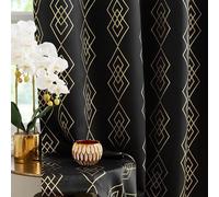 UGOUTRY 100% Blackout Curtains for Berdoom, Gold on Black Metallic Geometric Diamond Pattern Curtains 96 Inches Long Living Room Darkening Thermal Insulated Drapes Grommet Top Window Curtain, 2 Panels