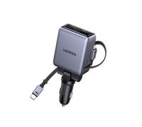 UGREEN 150W Retractable Car Charger, 4-in-1 Cigarette Lighter USB Charger | Car Phone Charger with 2 Retractable Cable, USB-C, USB-A, 12V/24V Socket Compatible with iPhone 18 17 16 Pro, Galaxy, MacBook