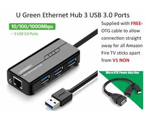 UGREEN 3 Ports USB 2.0/3.0 Hub Ethernet Adapter For Amazon Fire Stick TV and 4K