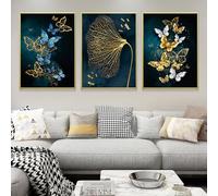 UGZDEA Colourful Butterfly Poster Set, Abstract Blue Gold Butterfly Dragonfly Canvas Painting, Home Decoration Picture without Frame (3x60x90cm)