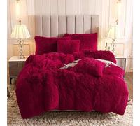 Uhamho Faux Fur Velvet Fluffy Bedding Duvet Cover Set Down Comforter Quilt Cover with Pillow Shams, Ultra Soft Warm (Burgundy, Queen)