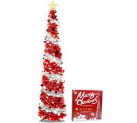 UHAPEER 6FT Pop Up Christmas Tinsel Tree, Collapsible Artificial Green Christmas Tree with Shiny Silver & Red Sequins & Star Topper, Collapsible Xmas Tree for Home Office Holiday Party Decor Supplie
