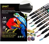 Uhat Black Drawing Pad Black Paper A3 A4 A5 with 8 Pack Coloured Metallic Marker Pens, 140gsm Heavyweight Paper 25 Sheets for Graphite & Coloured Pencils, Charcoal, Oil Pastels, Gel Pens, Chalk, Ink