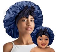 UHBYJM 2 PCS Mommy and Me Bonnet Set, Silk and Satin Bonnets for Sleeping with Elastic Tie Band, Adjustable Hair Bonnets for Women, Girls, Kids and Toddlers (Dark Blue)