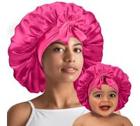 UHBYJM 2 PCS Mommy and Me Bonnet Set,Silk Bonnet for Kids and Women,Satin Bonnet for Sleeping with Elastic Tie Band,Adjustable Hair Bonnet for Women Girl Kids Toddler Sleeping Caps(Rose red)