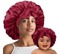 UHBYJM 2 PCS Mommy and Me Bonnet Set,Silk Bonnet for Kids and Women,Satin Bonnets for Sleeping with Elastic Tie Band,Adjustable Hair Bonnets for Women Girl Kids Toddler Sleeping Caps(Red), Red