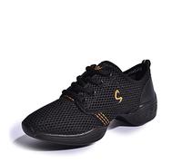 Uhclrr Women's Dance Shoes Soft Outsole Woman Mesh Breathable Jazz Hip Hop Sports Sneakers Ladies Girl's Modern Jazz Dancing Shoes(35EU, Black Gold)