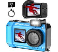 UHD 8K 70MP Floatable Underwater Camera, 33FT WiFi Waterproof Digital Camera Auto Focus Dual-Screen Selfie, 18X Zoom 2500mAh Battery with 32GB Card for Snorkeling