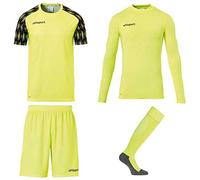 uhlsport Men's Reaction Shirts, Shorts, Base Layer and Football Socks, Complete Goalkeeper Clothing/Set for Adults and Teenagers, Fluo Yellow/Black, 128