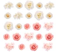 UHOMENY 24pcs Artificial Flowers Heads Fake Flower with Stems Roses Peonies Hydrangeas Floral for Wedding Party Cake Decor DIY Flower Wall Panel Hair Accessories Bridal Bouquet (Light pink, white)