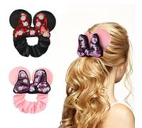 UHOMENY 2PCS Mouse Ears Hair Bows for Girls, Cute Hair Bows Set Sequin Bows Ponytail Hair Ties Velvet Scrunchies Elastic Rubber Hair Band(Black-Red White Dot +Pink-Purple White Dot)
