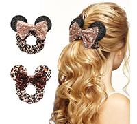 UHOMENY 2PCS Mouse Ears Hair Bows for Girls, Cute Hair Bows Set Sequin Bows Ponytail Hair Ties Velvet Scrunchies Elastic Rubber Hair Band(Leopard-Khaki + Leopard-Dark Brown)