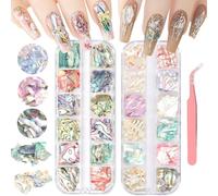 UHOMENY 3D Nail Art Shell Chips - Colorful Irregular Abalone Shell Chips for DIY Nail Art, 2 Boxes with Tweezers