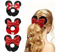 UHOMENY 3PCS Mouse Ears Hair Bows for Girls, Cute Hair Bows Set Sequin Bows Ponytail Hair Ties Velvet Scrunchies Elastic Rubber Hair Band (Black-Red White Dot + Red Dot-Red + Black-Red)