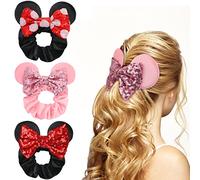 UHOMENY 3PCS Mouse Ears Hair Bows for Girls, Cute Hair Bows Set Sequin Bows Ponytail Hair Ties Velvet Scrunchies Elastic Rubber Hair Band(Black-Red White Dot + Pink-Shimmer Pink + Black-Red)