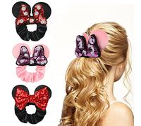 UHOMENY 3PCS Mouse Ears Hair Bows for Girls, Cute Hair Bows Set Sequin Bows Ponytail Hair Ties Velvet Scrunchies Elastic Rubber Hair Band (Black-Red White Dot + Red-Purple White Dot + Black-Red)