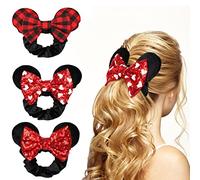 UHOMENY 3PCS Mouse Ears Hair Bows for Girls, Cute Hair Bows Set Sequin Bows Ponytail Hair Ties Velvet Scrunchies Elastic Rubber Hair Band (Black-Red Plaid + Black-Red White Heart + Black-Red)