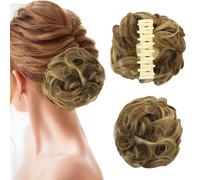 UHOMENY Messy Bun Wavy Curly Synthetic Clip-On Extensions with Large Ponytail Accessory (Brown and Gold)
