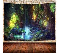 UHOMETAP Magic Forest Tapestry Fantasy Fairy Forest Landscape Bright Waterfall Wonderland Fireflies Tapestry Wall Hanging, Bedroom living Room Home Decor 80X60 Inches GTLSUH342