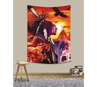 UHOMETAP Native American Indian Western Tapestry Native American Indian Man Wolf Horse Home Decor Tapestry for Living Bedroom Dorm Picnic Mat Beach Towel Bed Cover 40×60 Inches GTWYUH298