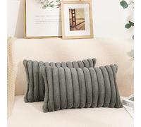 Uhomy 2 Pack Faux Fur Plush Decorative Throw Pillow Covers Fuzzy Striped Soft Grey Pillowcase Cushion Covers for Living Room Sofa Couch Bedroom, 12x20 inch 30x50 Cm, Grey